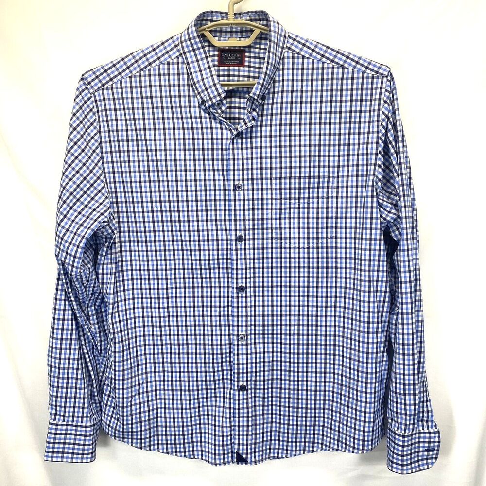 UNTUCKit Dress Shirt Mens Large Blue Black White Plaid Check Nylon Blend Stretch